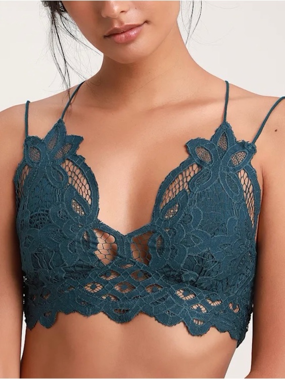 FREE PEOPLE FP One Adella Bralette Set of 2 Teal/Nude Crochet Lace Boho Festival